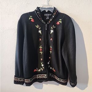 Vintage Wool Blend Cardigan Sweater Embroidered Flowers Christmas Black Red Zip